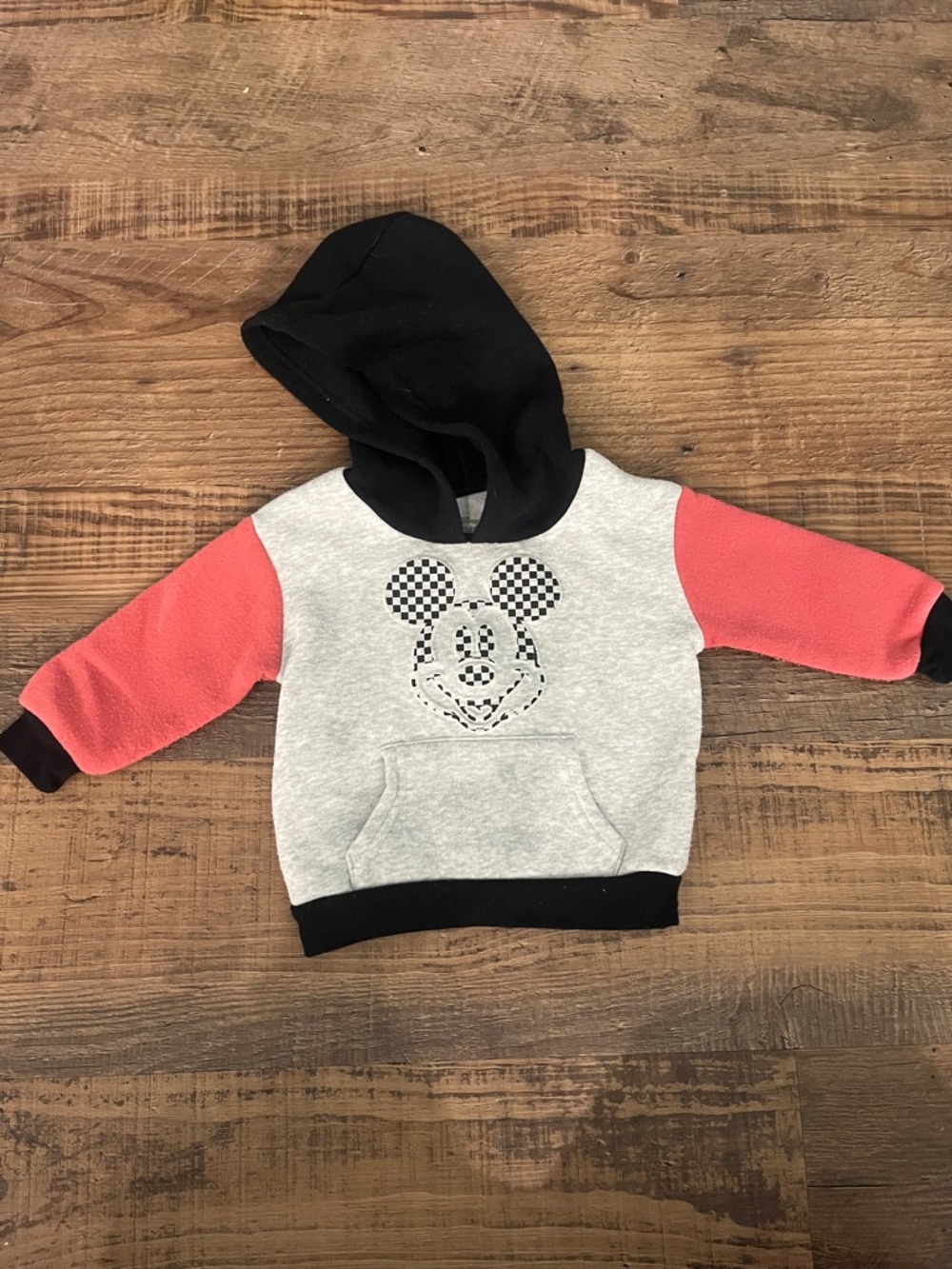 Kids Hooded Sweatshirt with Checkerboard Mouse Graphic - Gray, Coral & Black